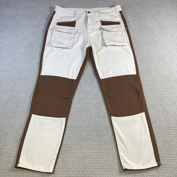 Men's‎ Colorblock Utility Workwear Pants Size 34 Brown Cream Cargo Carpenter - Picture 2 of 7